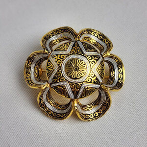 Vintage SP Damascene Black & Gold Flower Brooch